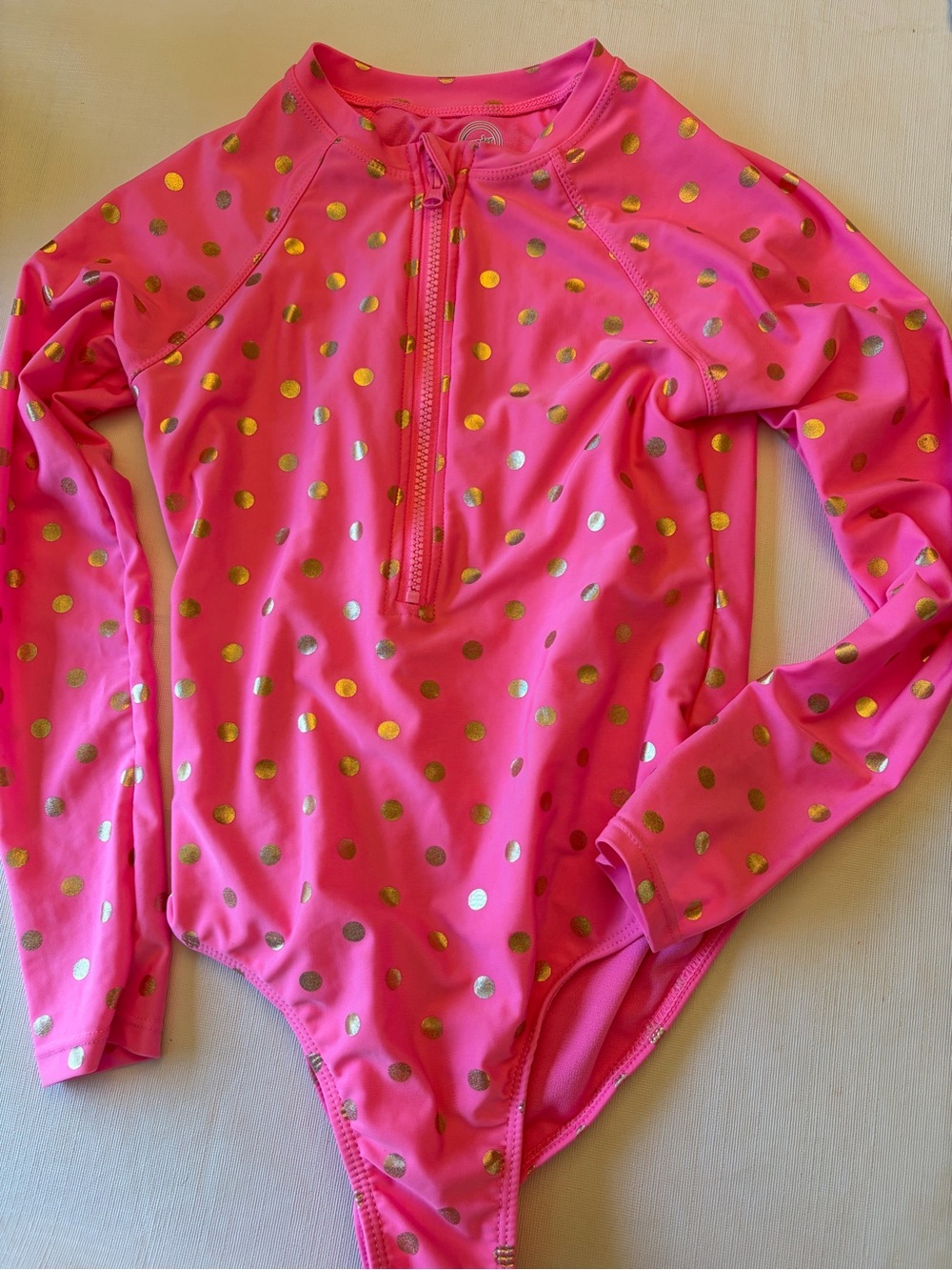 Girls 10/12 Pink Long-Sleeve Rash Guard Swimsuit with Gold Dot Print